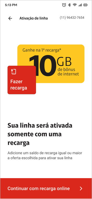 Screen warning that the line only activates after a top-up