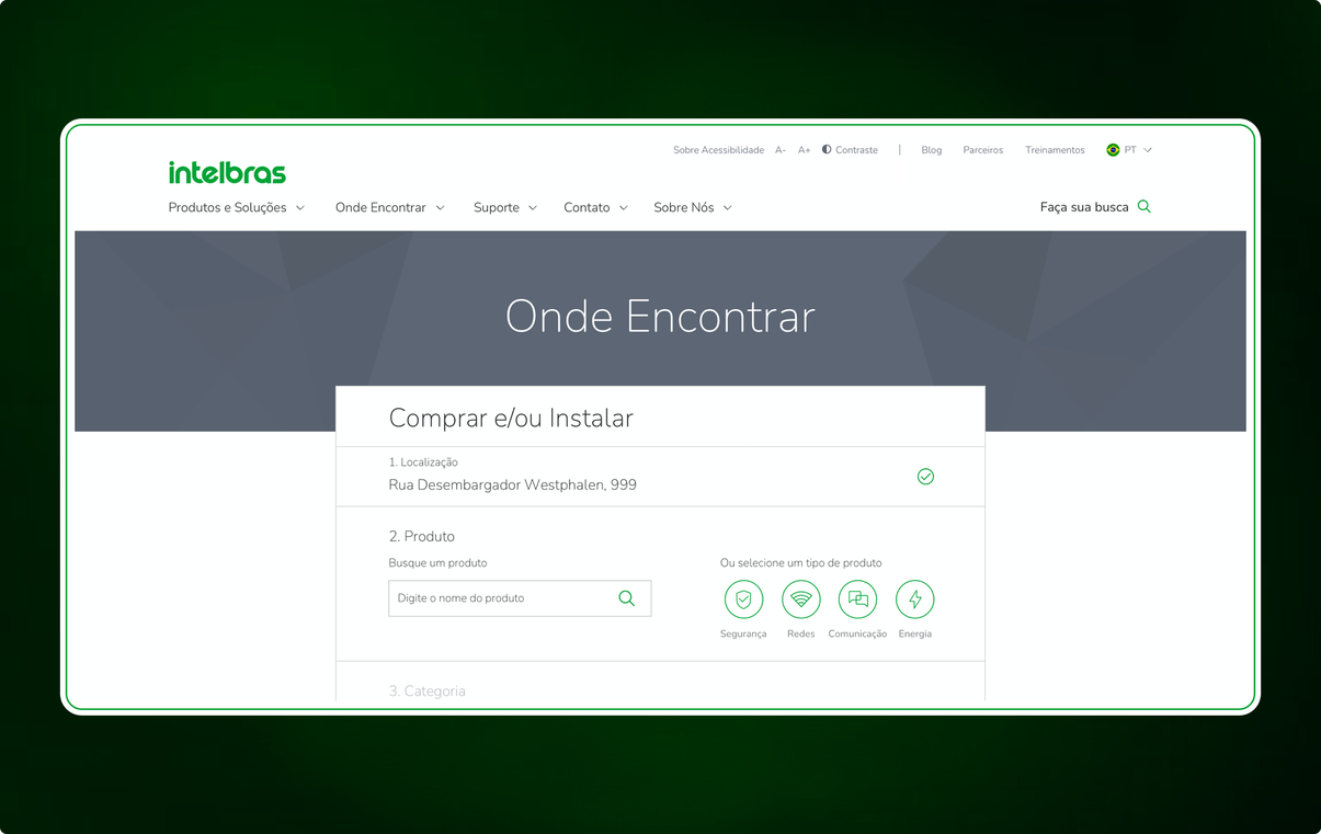 Intelbras' Onde Encontrar page on desktop, with the Buy and/or Install wizard showing a confirmed location and a product category step