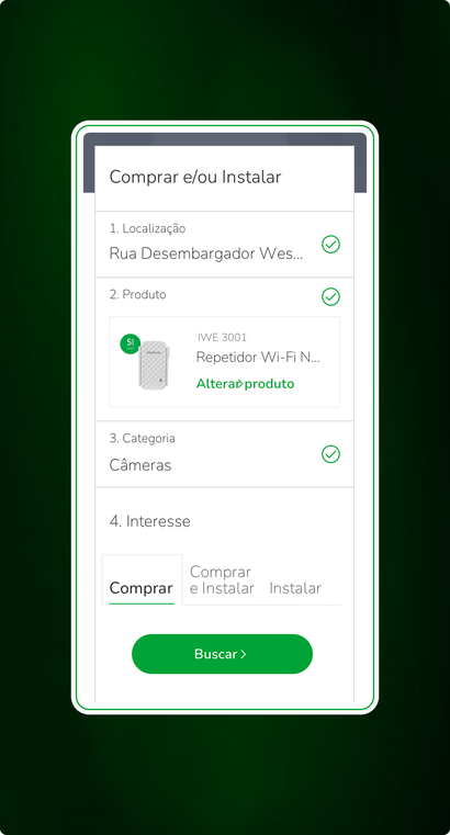 Mobile wizard with location, product, and category already confirmed, and Buy, Buy and Install, and Install shown as tabs above the search button