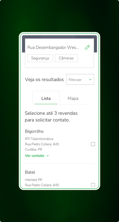 Results list of nearby resellers, each with a checkbox to select up to three for contact