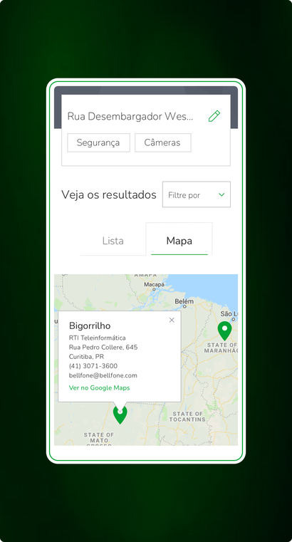 Same results screen on the map tab, with a reseller pin expanded to show its contact details