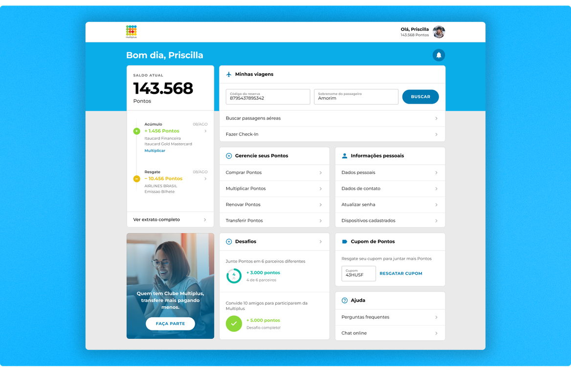 The redesigned Multiplus home dashboard on desktop, showing the current points balance, trip lookup, and shortcuts to manage points and personal info
