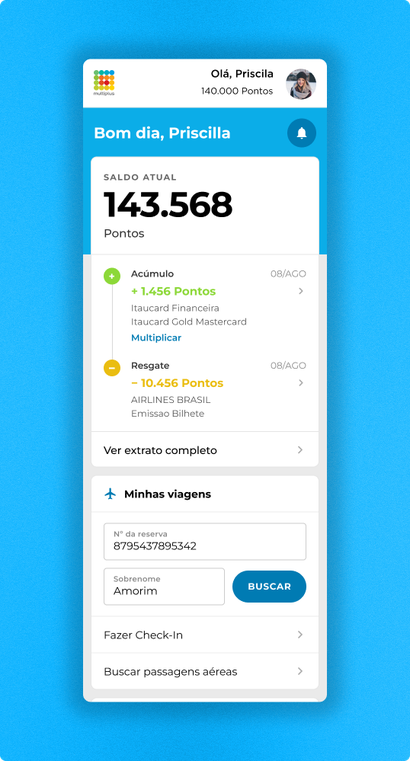 Mobile version of the redesigned home dashboard, with points balance, recent activity, and the trip lookup form