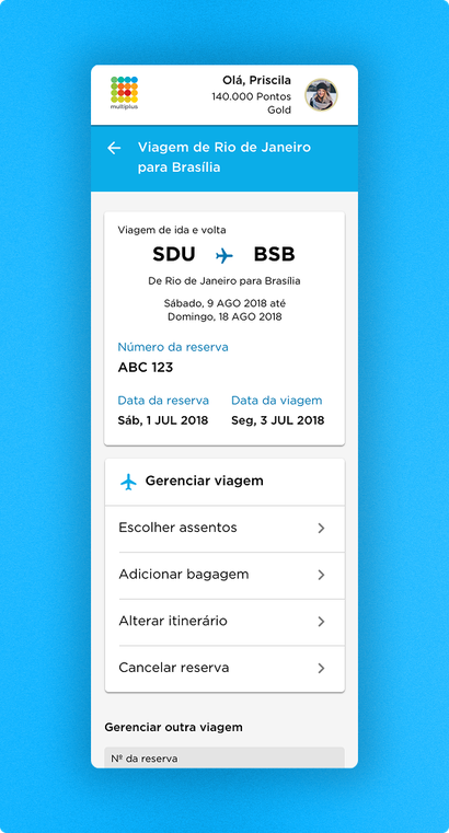 Reservation detail screen for a round trip from Rio de Janeiro to Brasilia, with booking and travel dates and a manage-trip menu