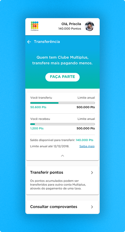Points transfer overview screen showing annual transfer limits sent and received, with options to transfer points or check receipts