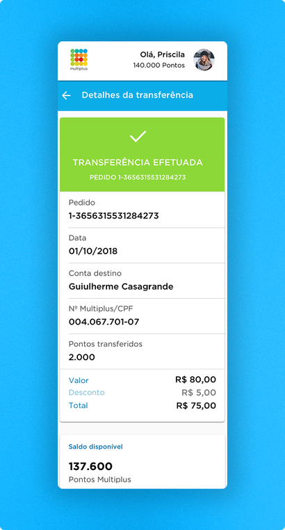 Transfer confirmation screen showing the completed order, recipient, points transferred, and remaining balance
