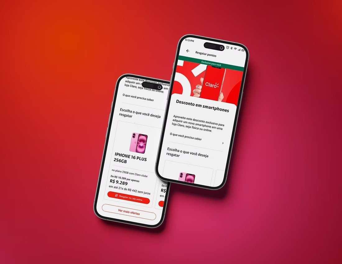 Two phones showing the Claro Clube smartphone discount offer