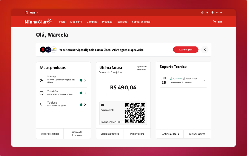 The Minha Claro dashboard with a banner inviting the customer to activate their digital subscriptions