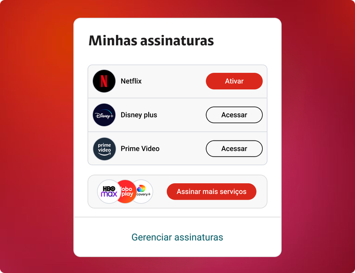 The redesigned subscriptions panel with Netflix pending activation, Disney+ and Prime Video already available, and a bundle upsell for more services