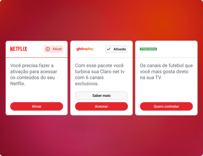 Three subscription cards showing activation status for Netflix, Globoplay and Premiere